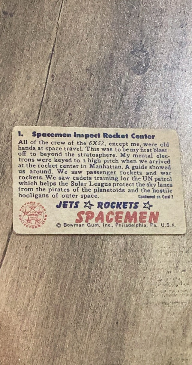Spacemen Inspect Rocket Center 1951 Bowman 1 trading card image rear