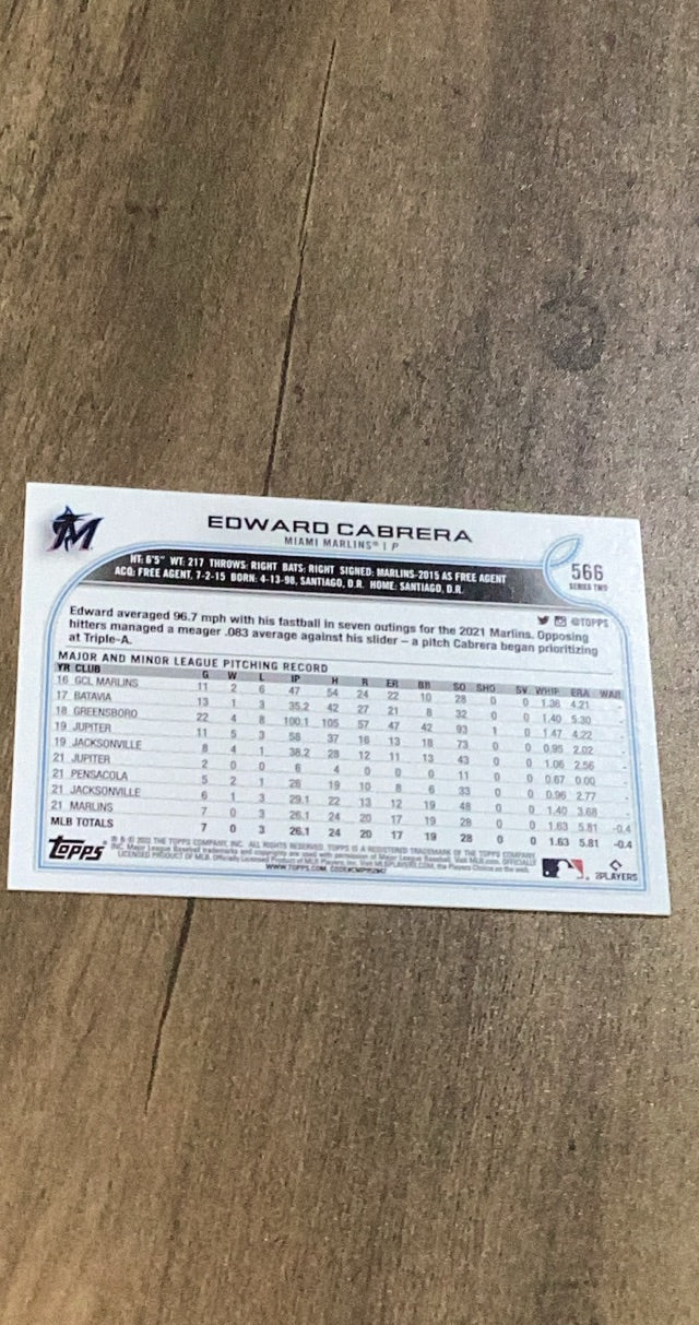 Edward Cabrera 2022 Topps 566 back