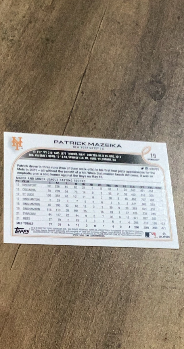 Patrick Mazeika 2022 Topps Opening Day 19 trading card image rear