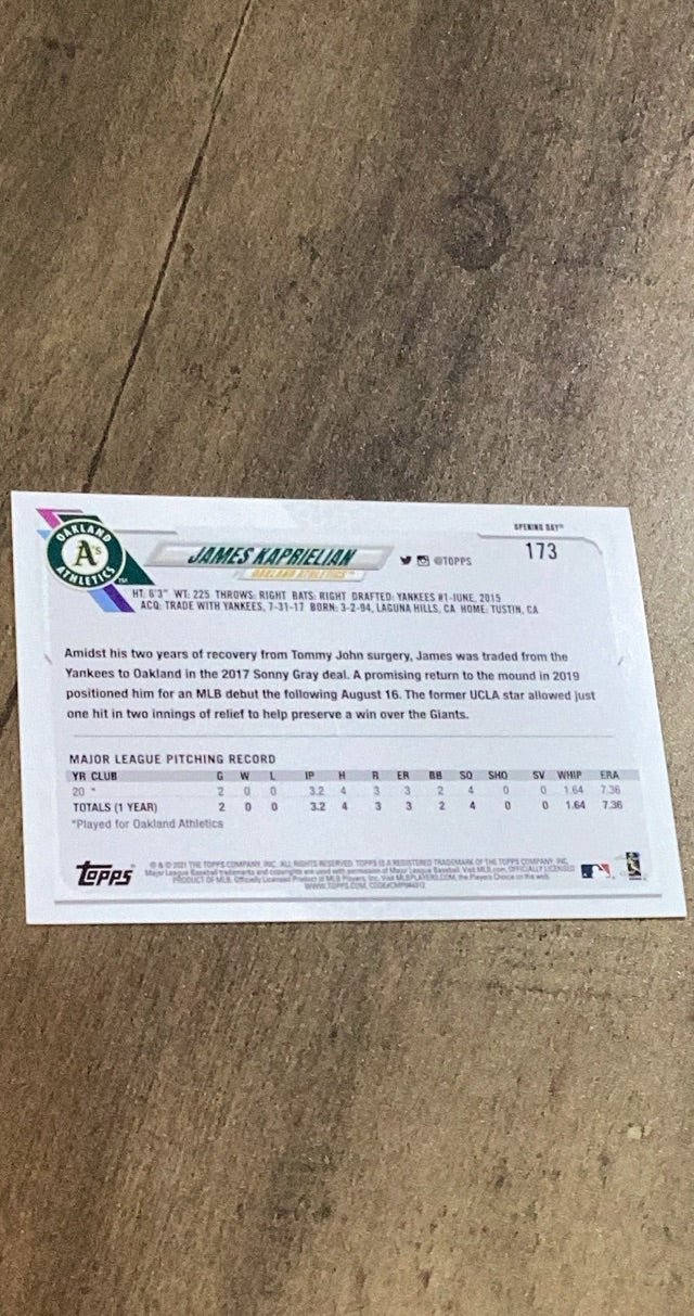 James Kaprielian 2021 Topps Opening Day 173 trading card image rear