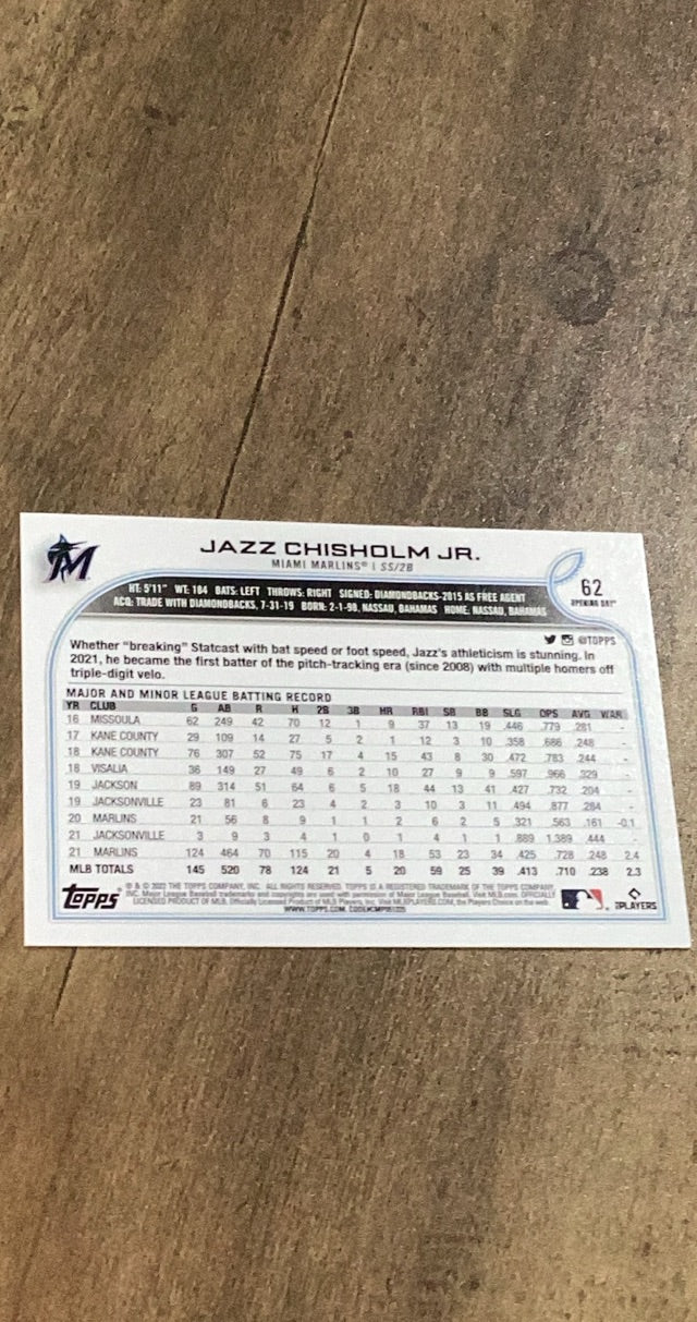 Jazz Chisholm Jr. 2022 Topps Opening Day 62 trading card image rear