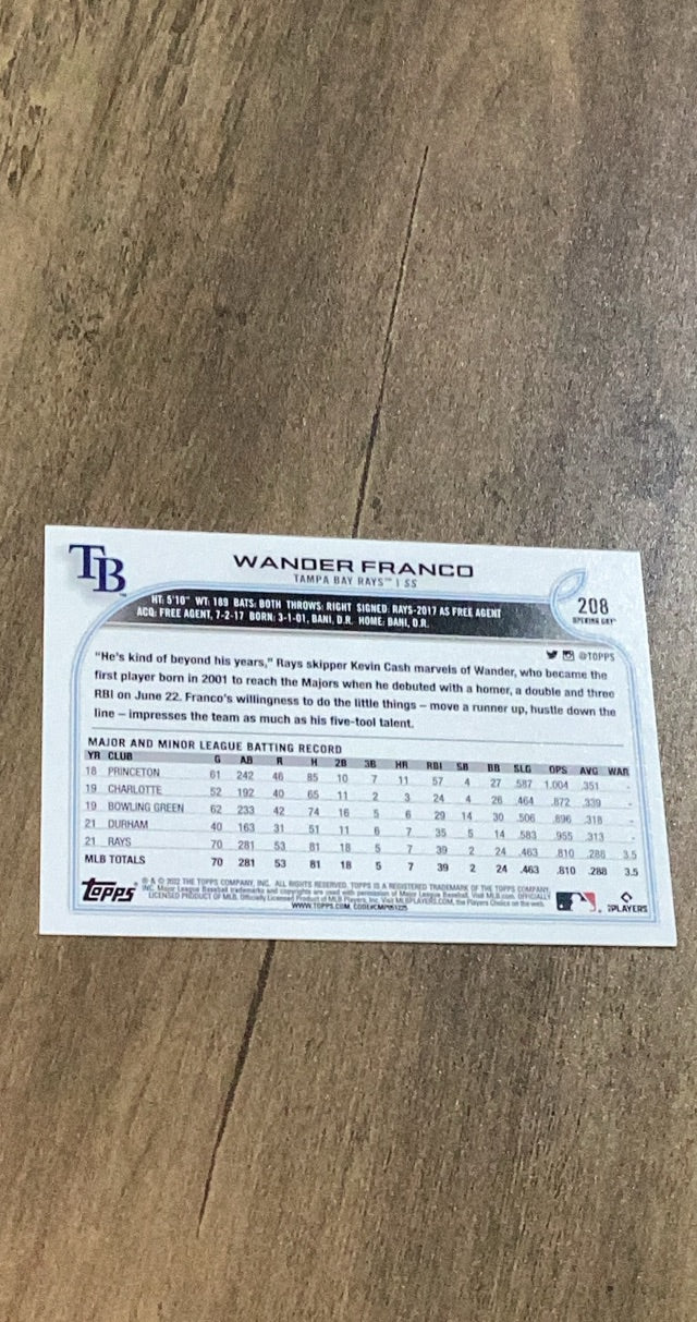 Wander Franco 2022 Topps Opening Day 208 trading card image rear
