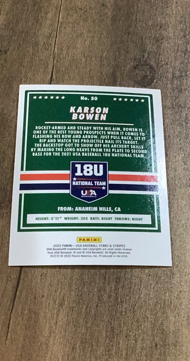Karson Bowen 2022 Panini Stars & Stripes Longevity 50 trading card image rear
