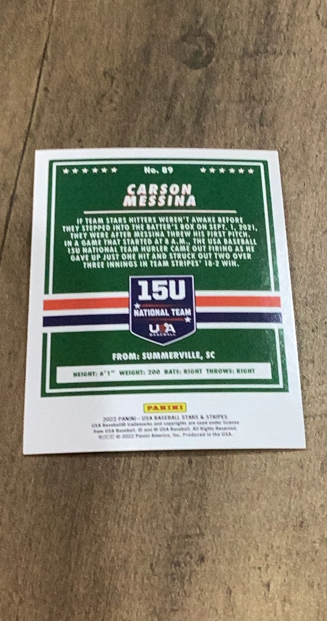 Carson Messina 2022 Panini Stars & Stripes Longevity 89 trading card image rear
