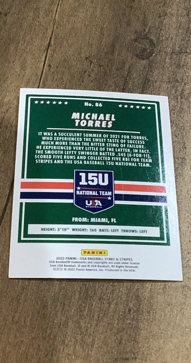 Michael Torres 2022 Panini Stars & Stripes Longevity 86 trading card image rear