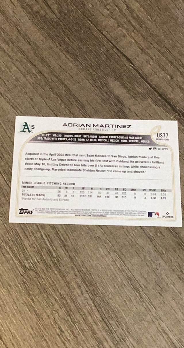 Adrian Martinez 2022 Topps Update US77 trading card image rear