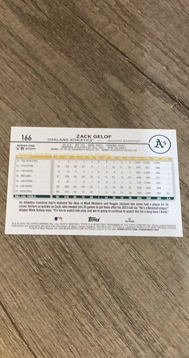Zack Gelof 2024 Topps 166 trading card image rear