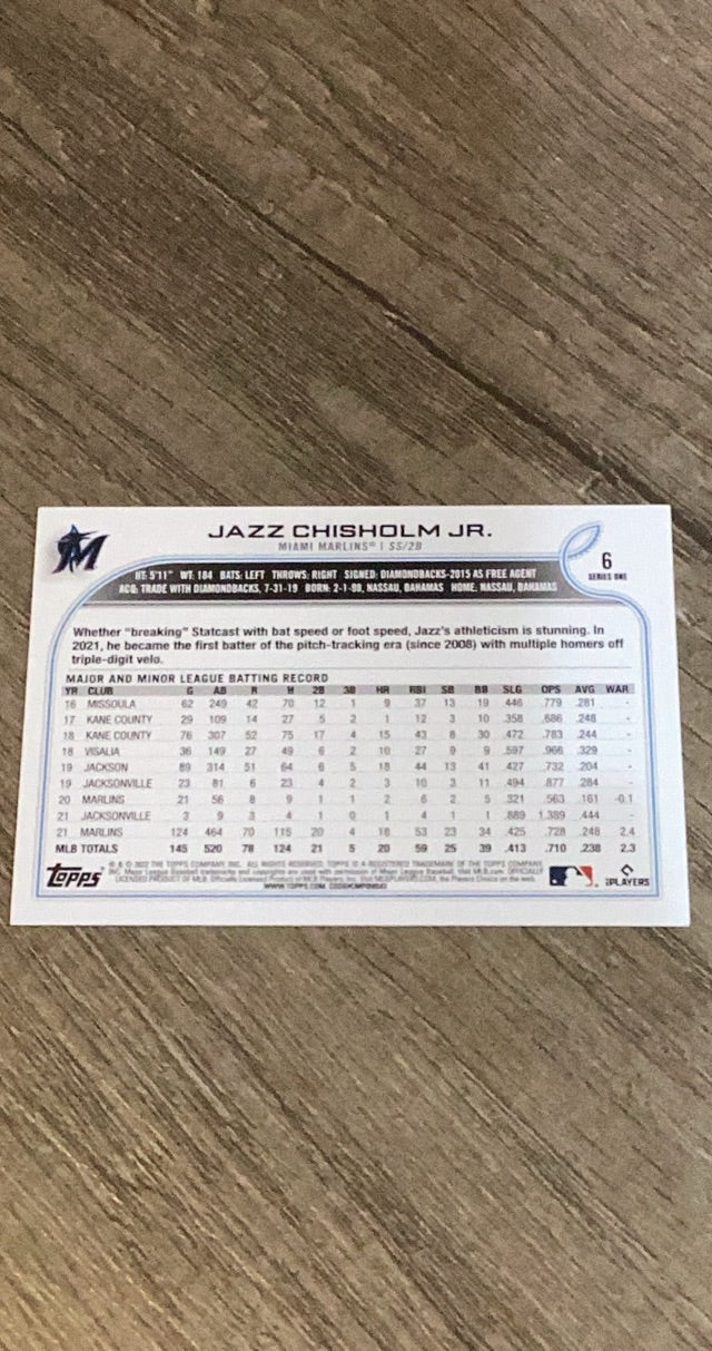 Jazz Chisholm Jr. 2022 Topps 6 trading card image rear