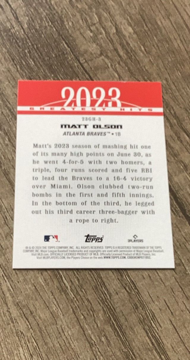 Matt Olson 2024 Topps 2023 Greatest Hits 23GH-3 trading card image rear