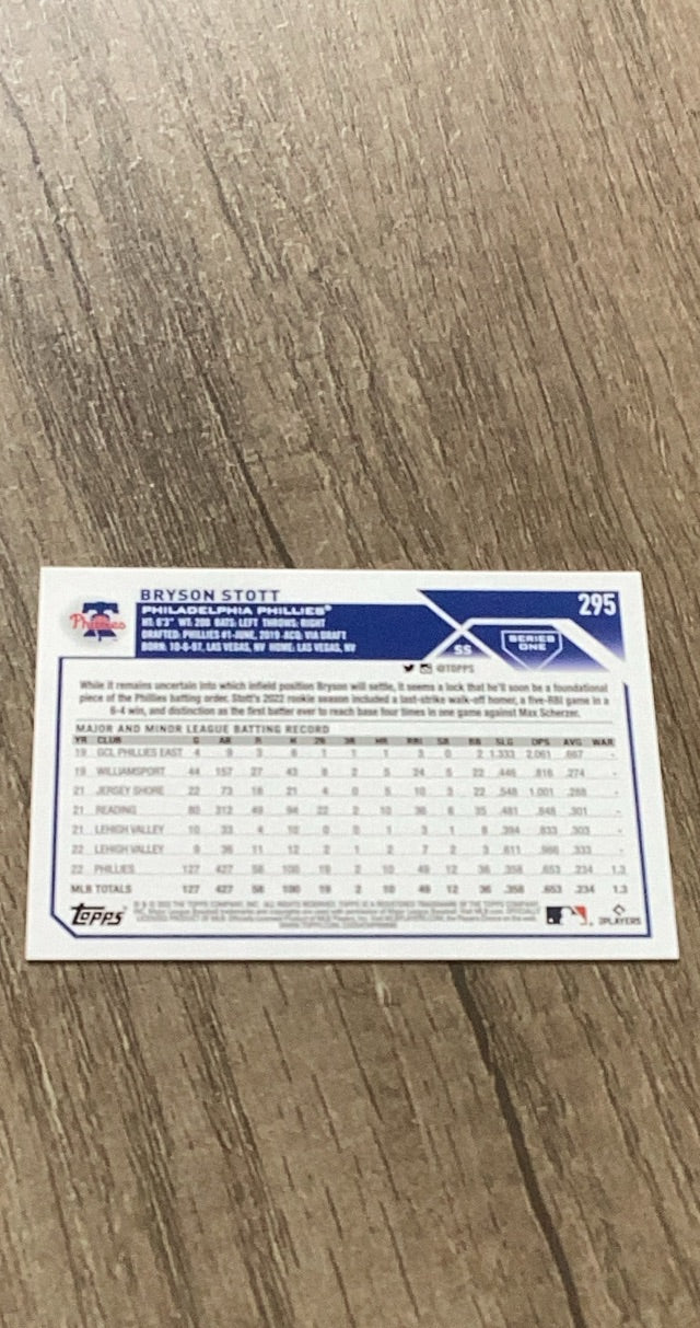 Bryson Stott 2023 Topps 295 trading card image rear