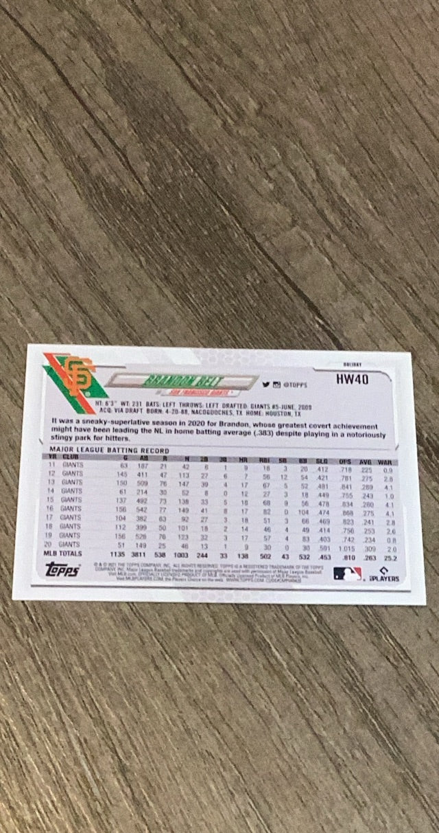 Brandon Belt 2021 Topps Holiday HW40 trading card image rear