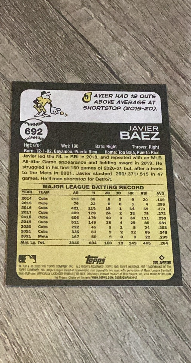 Javier Baez 2022 Topps Heritage 692 trading card image rear