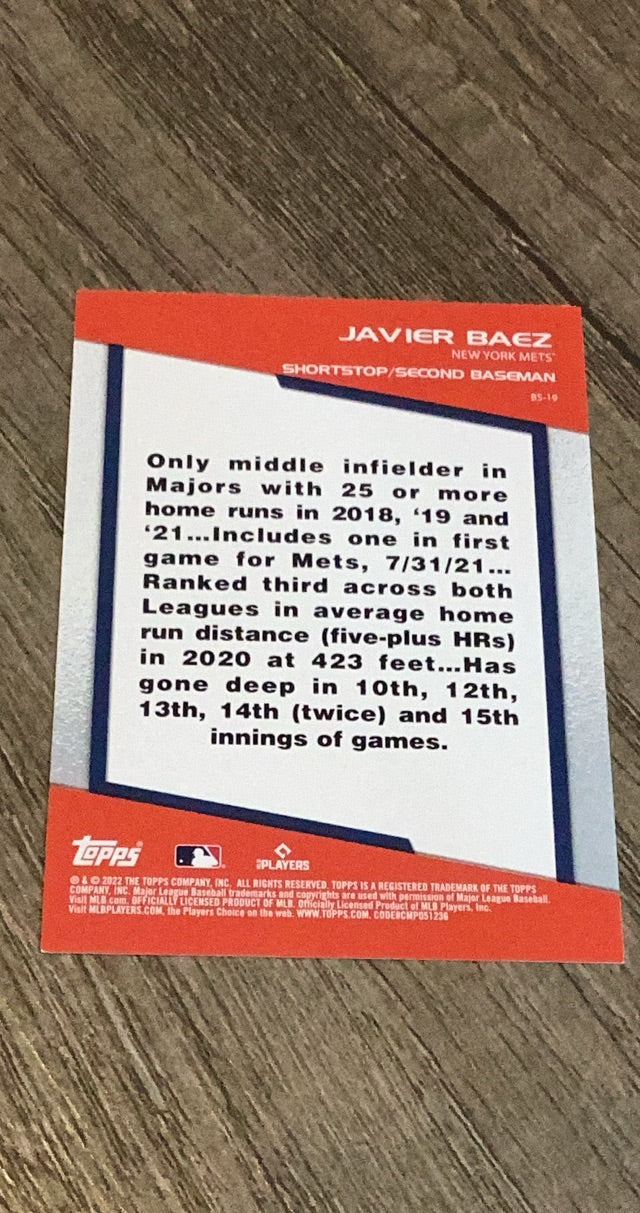 Javier Baez 2022 Topps Opening Day Bomb Squad BS-19 trading card image rear