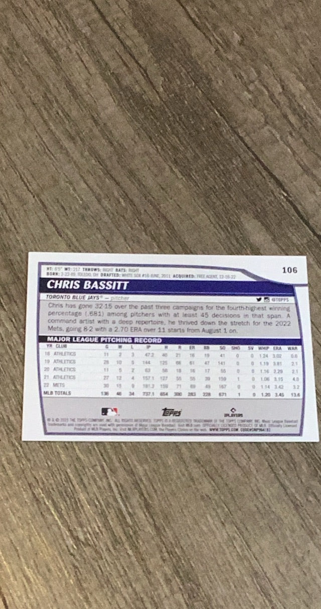 Chris Bassitt 2023 Topps Big League 106 trading card image rear
