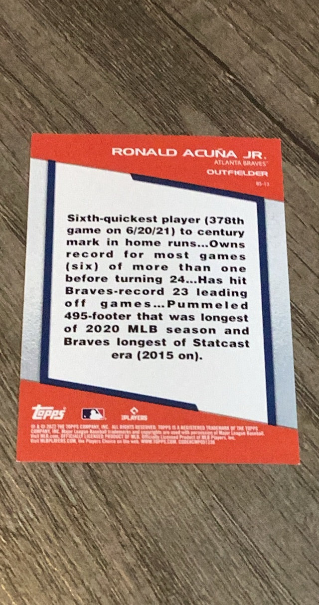 Ronald Acuña Jr. 2022 Topps Opening Day Bomb Squad BS-13 trading card image rear