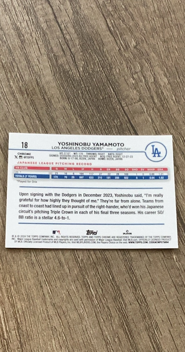 Yoshinobu Yamamoto 2024 Topps 2024 Topps Chrome 18 back