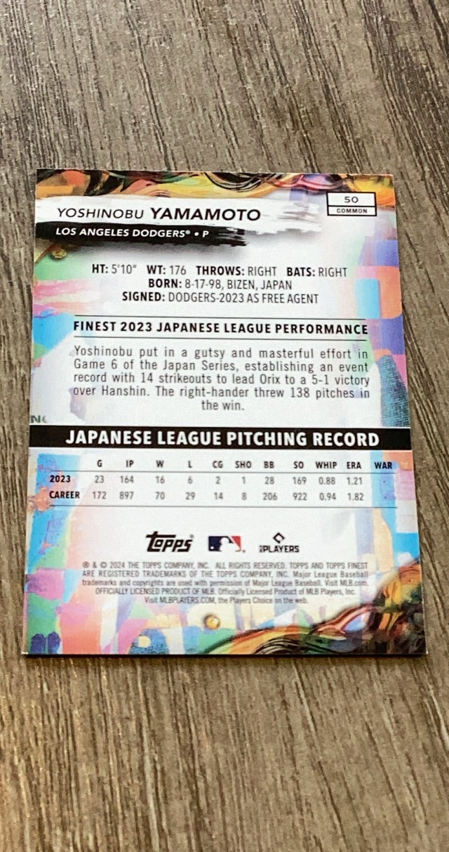 Yoshinobu Yamamoto 2024 Topps 2024 Finest 50 back