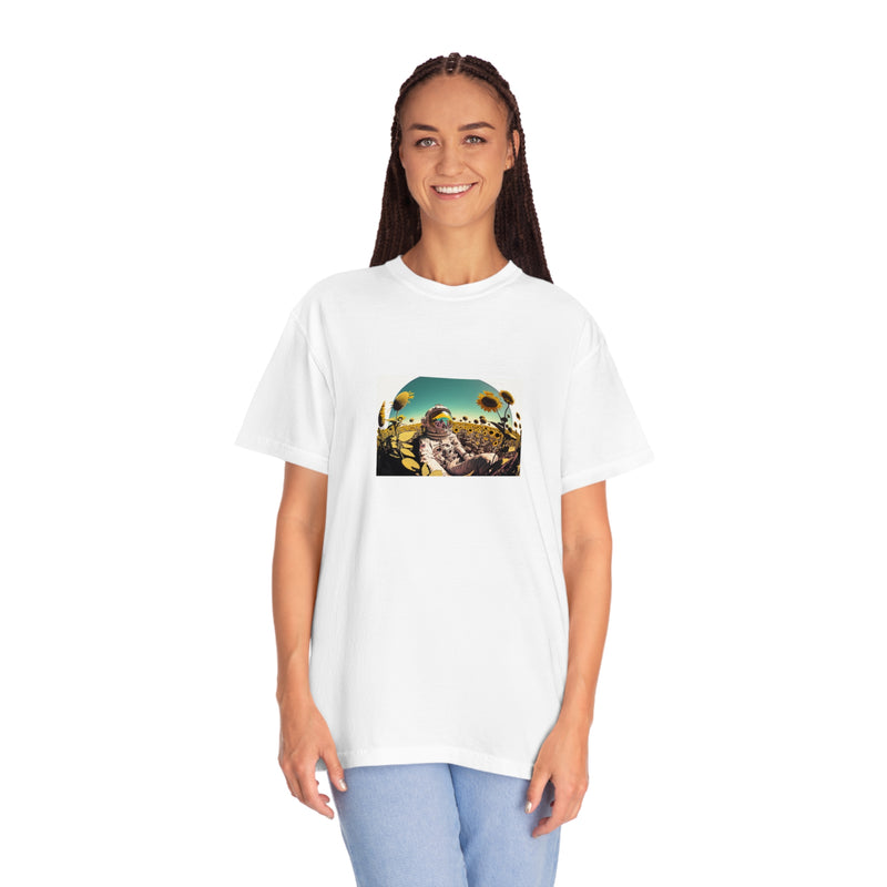 Crafted with LOVE for Far Out Spaceman in field of Sunflowers Unisex Garment-Dyed T-shirt Printify