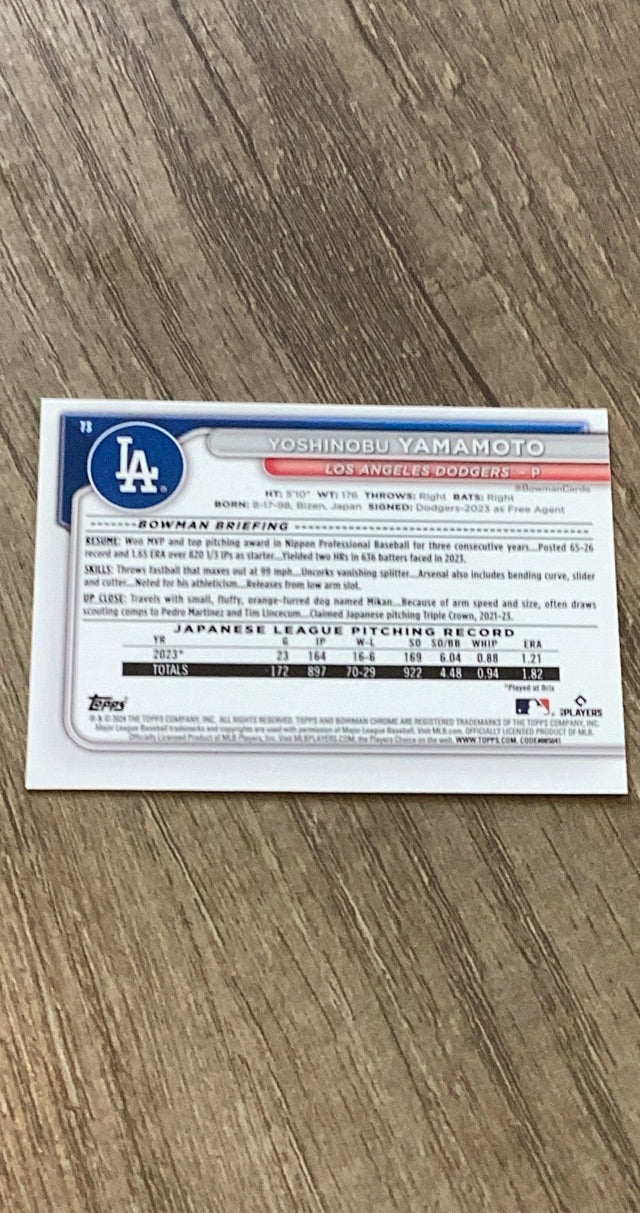 Yoshinobu Yamamoto 2024 Bowman 2024 Bowman Chrome 73 back