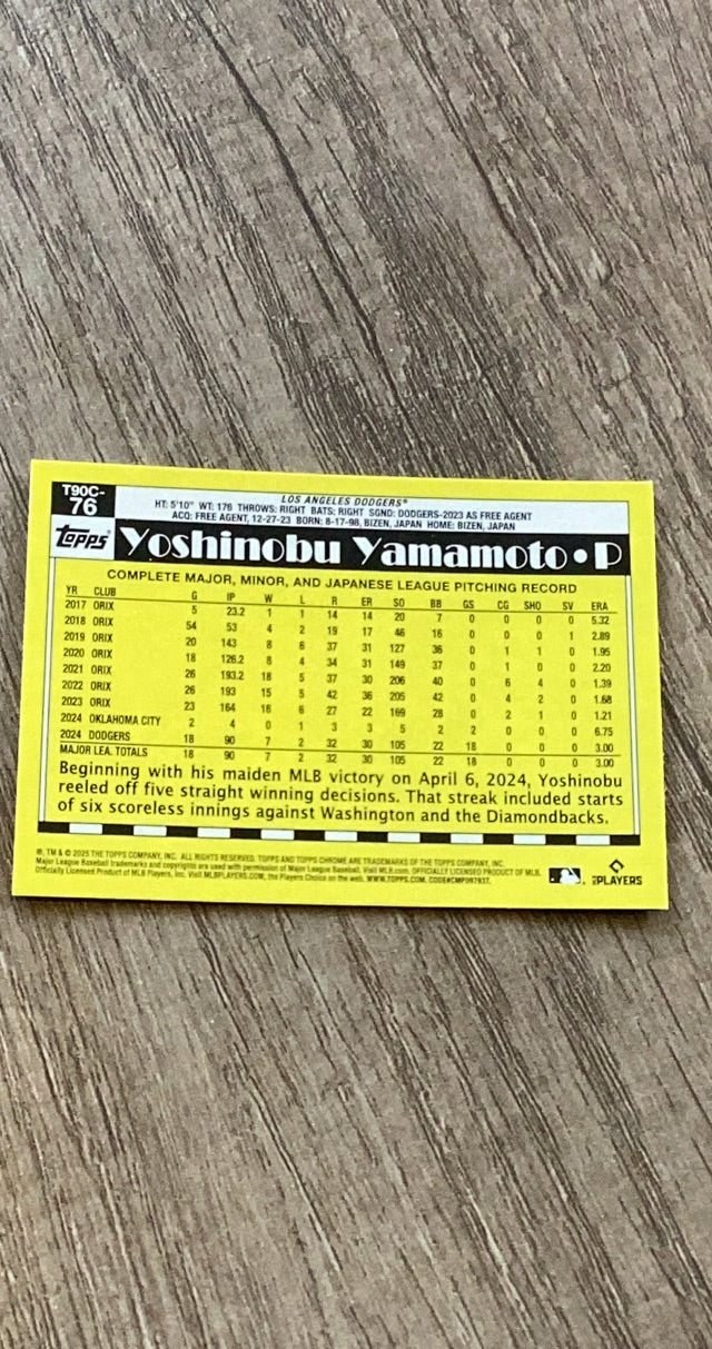 Yoshinobu Yamamoto 2025 Topps 2025 Topps - 1990 Topps Baseball 35th Anniversary Chrome (Series One) T90C-76 back