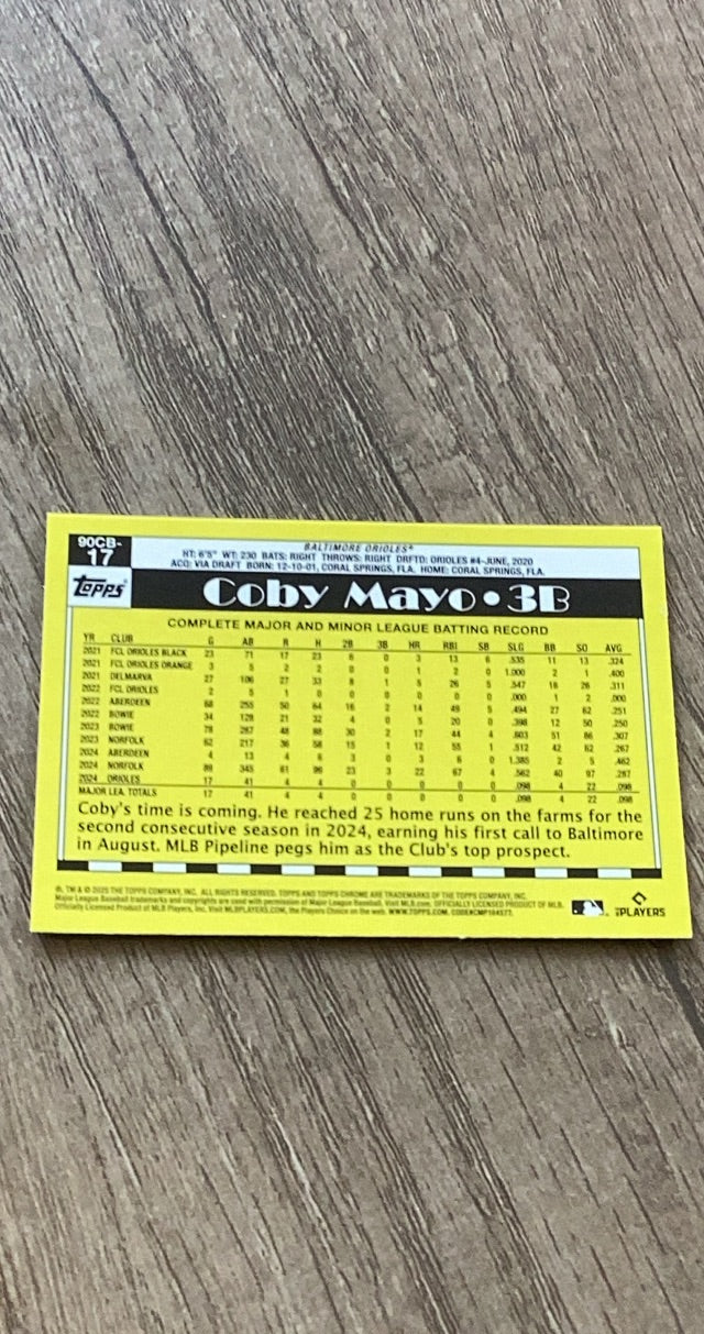 Coby Mayo 2025 Topps 2025 Topps Chrome - 1990 Topps Baseball 35th Anniversary 90CB-17 back
