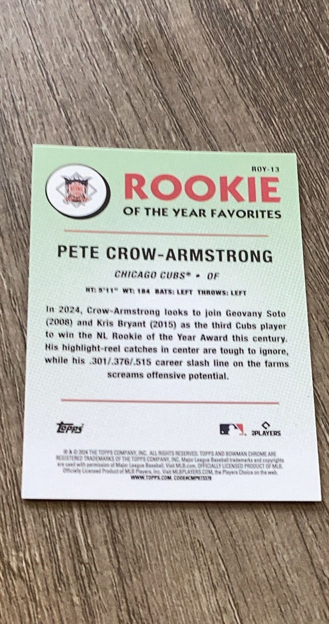 Pete Crow-Armstrong 2024 Bowman 2024 Bowman - Rookie of the Year Favorites Mojo Refractors ROY-13 back