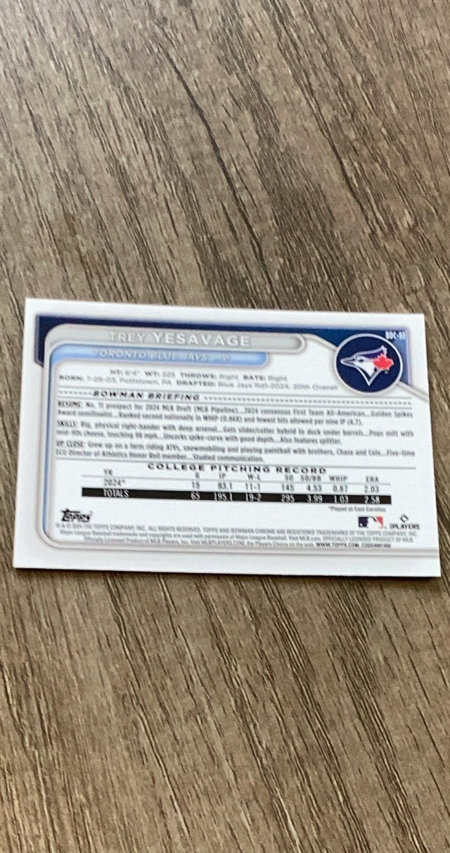 Trey Yesavage 2024 Bowman 2024 Bowman Draft - Chrome BDC-92 back
