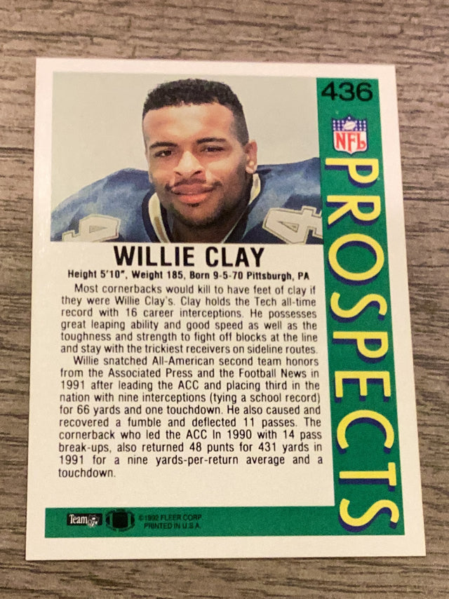 Willie Clay 1992 Fleer 436 trading card image rear