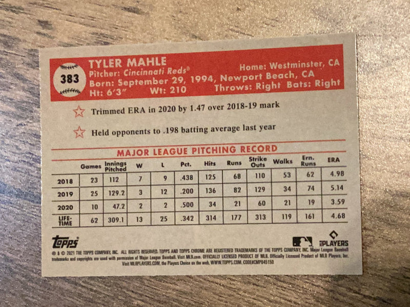 Tyler Mahle Cincinnati Reds MLB 2021 Topps Chrome Platinum Anniversary: Black White 70th Anniversary Mini-Diamonds Refractor 383 trading card Topps