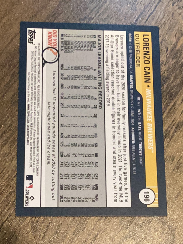 Lorenzo Cain 2021 Topps Big League Orange 196 trading card image rear