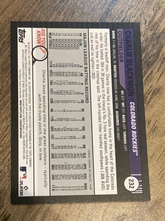 Charlie Blackmon 2021 Topps Big League 232 trading card image rear