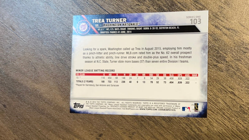 Trea Turner 2016 Topps 103 trading card image rear