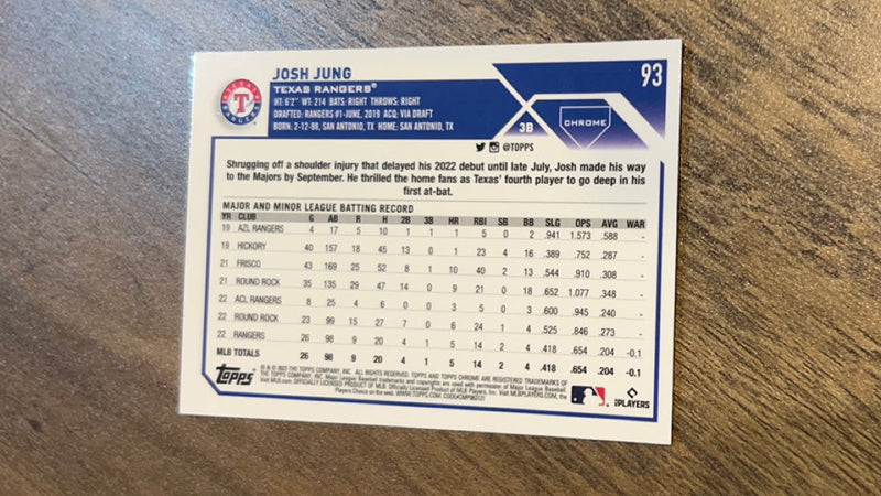 Josh Jung 2023 Topps Chrome Refractors 93 trading card image rear