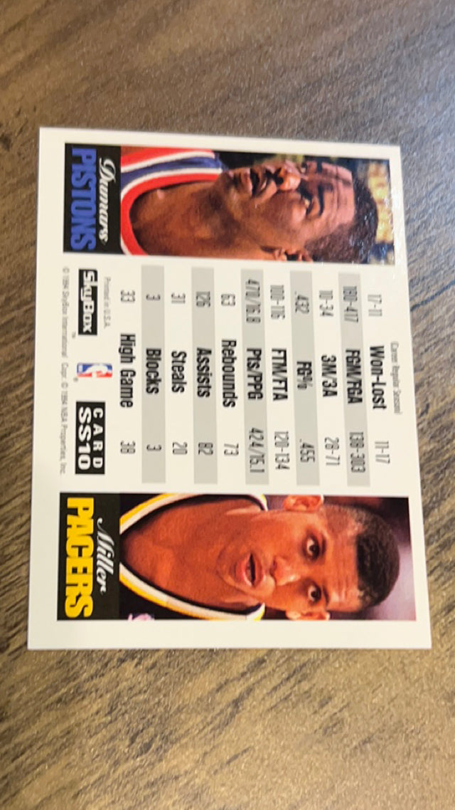 Joe Dumars / Reggie Miller 1993 SkyBox Premium Showdown Series SS10 trading card image rear