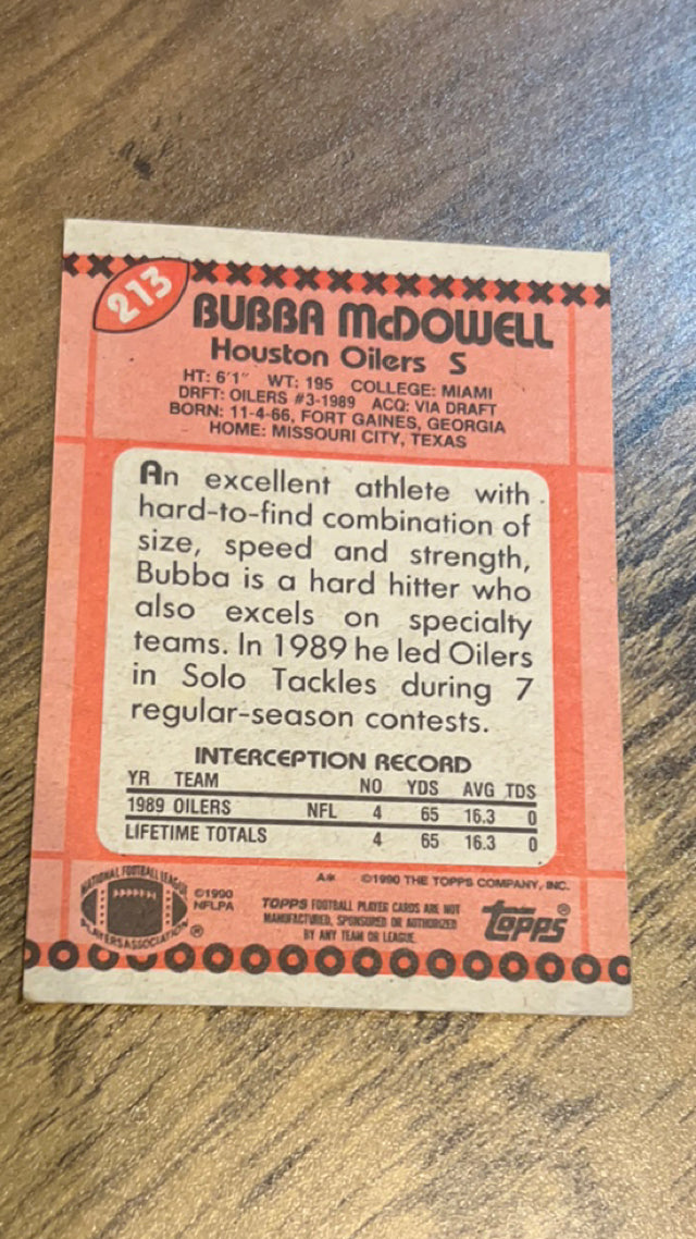 Bubba McDowell 1990 Topps 213 trading card image rear
