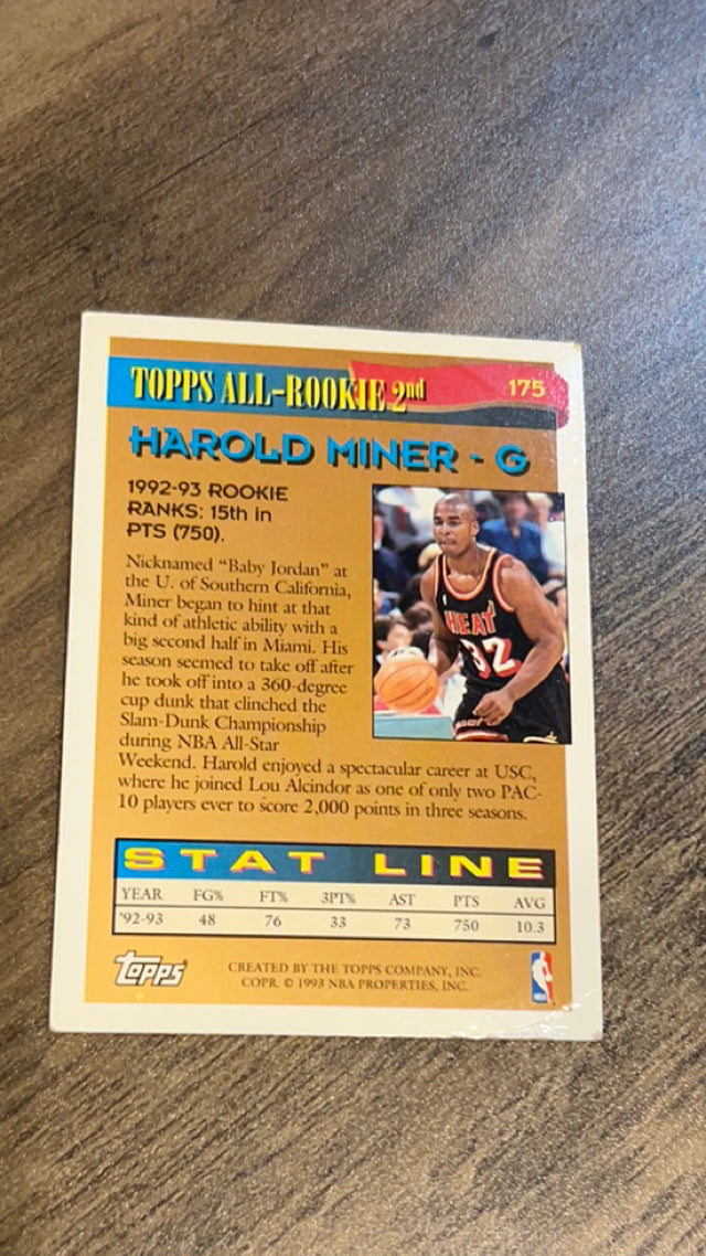 Harold Miner 1993 Topps 175 trading card image rear