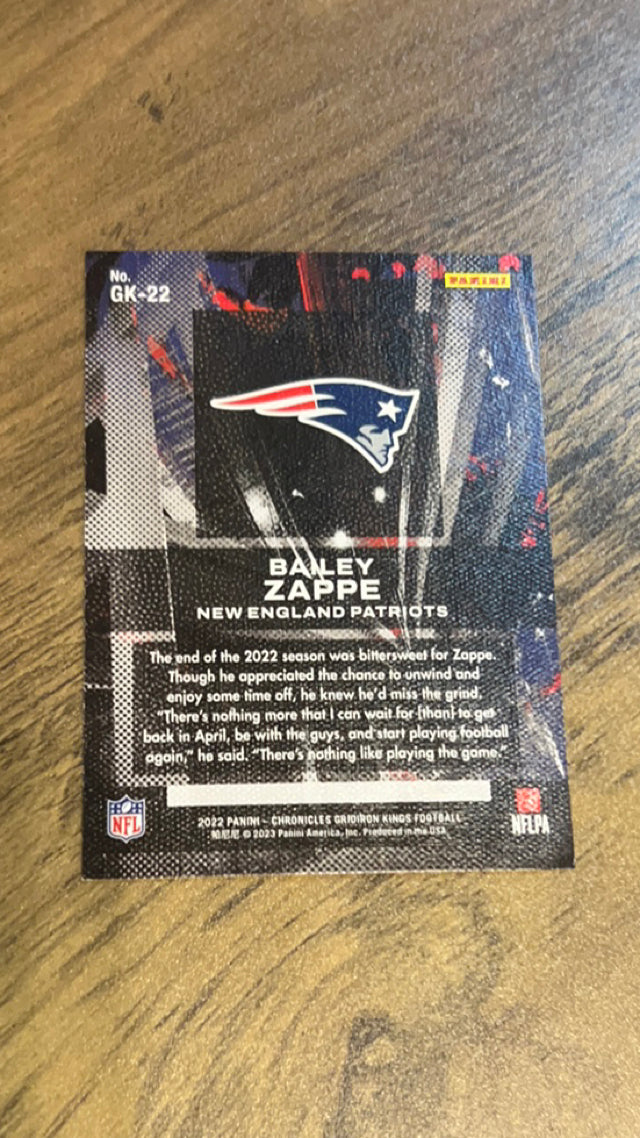 Bailey Zappe 2022 Panini Chronicles - Gridiron Kings GK-22 trading card image rear