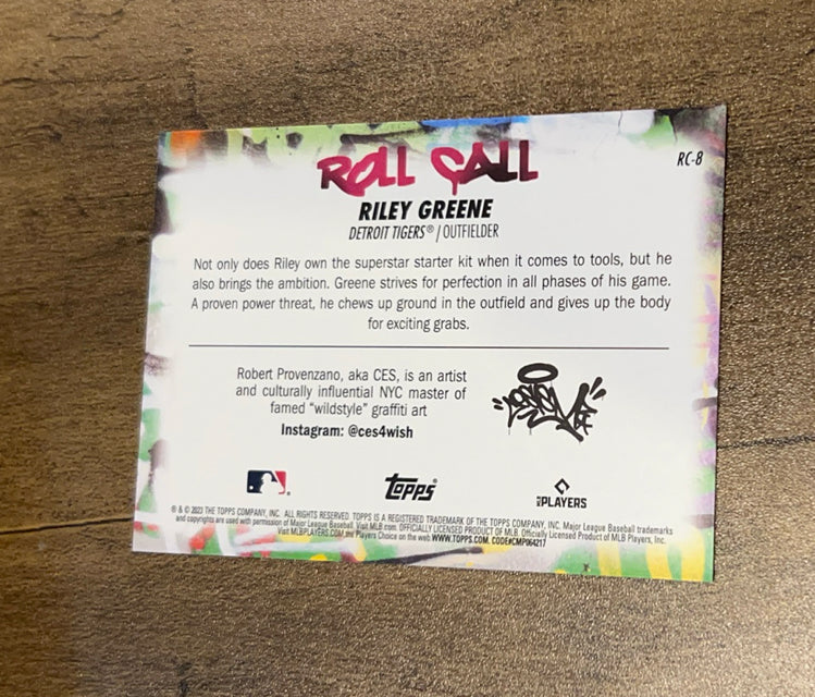 Riley Greene 2023 Topps Big League Roll Call Wildstyle Edition RC-8 trading card image rear
