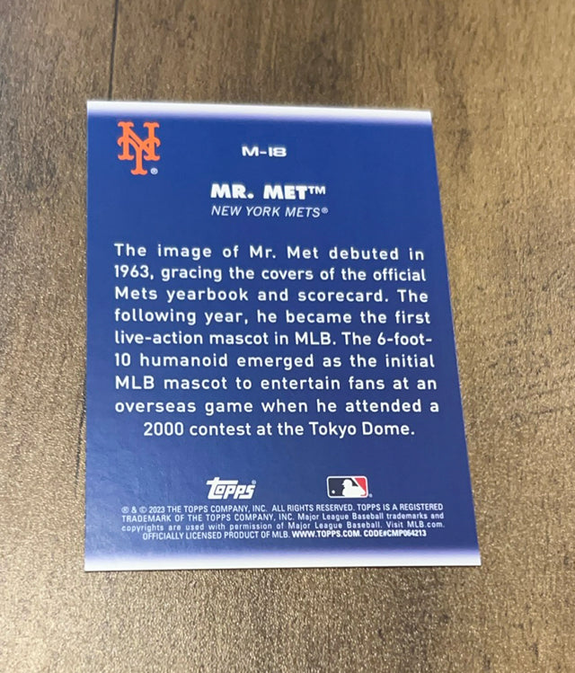 Mr. Met 2023 Topps Big League Mascots M-18 trading card image rear