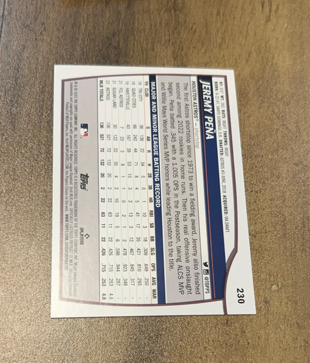 Jeremy Pena 2023 Topps Big League 230 trading card image rear