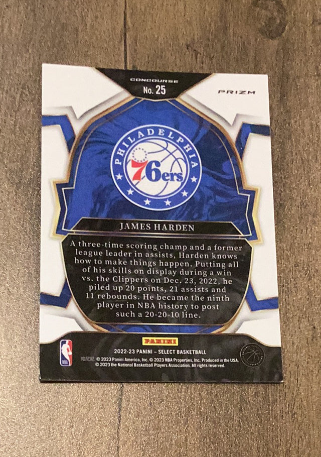 James Harden 2022-23 Panini Select - Red Cracked Ice Prizms 25 trading card image rear