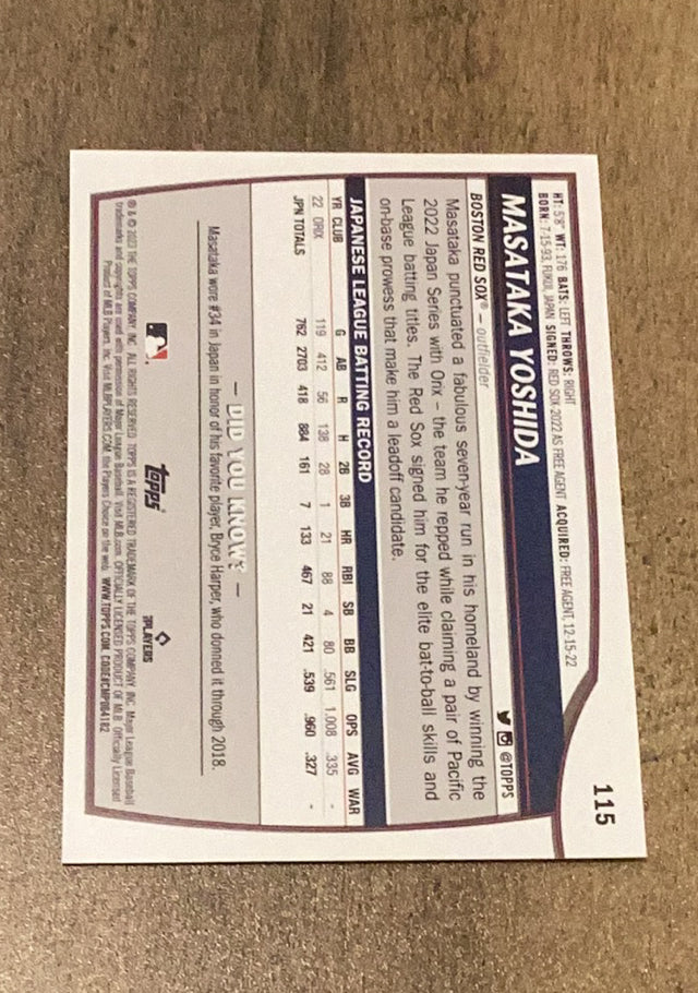 Masataka Yoshida 2023 Topps Big League 115 trading card image rear