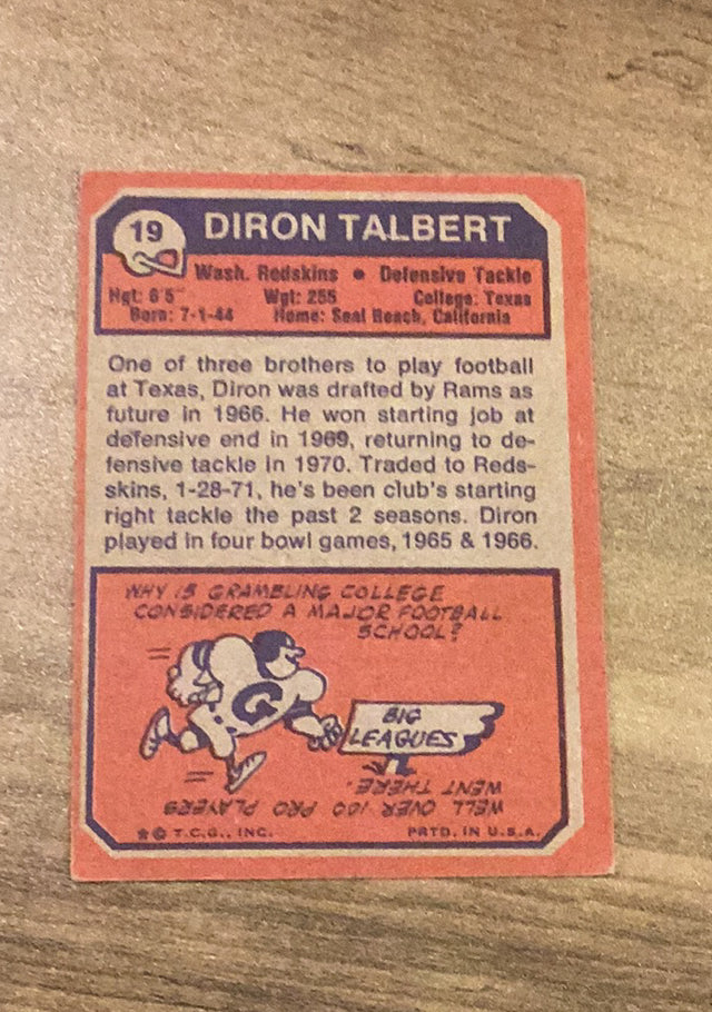 Diron Talbert 1973 Topps 19 trading card image rear