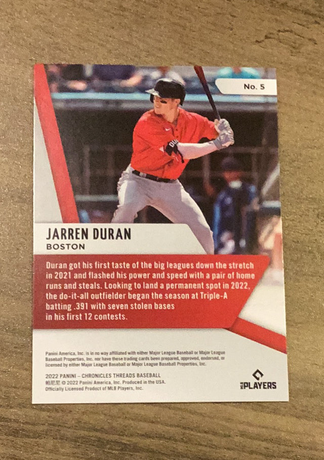 Jarren Duran 2022 Panini Chronicles - Threads 5 trading card image rear