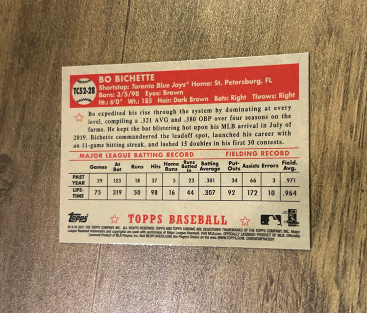 Bo Bichette 2021 Topps 1952 Topps Redux Chrome TC52-28 trading card image rear