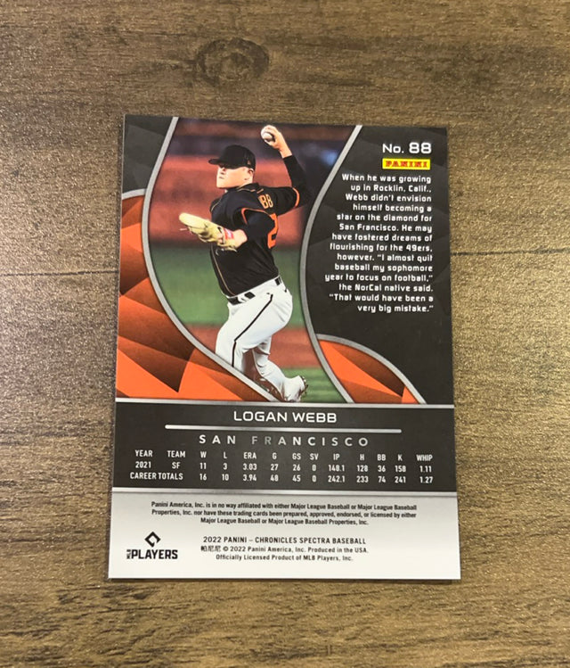 Logan Webb 2022 Panini Chronicles - Spectra 88 trading card image rear