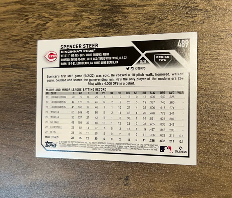 Spencer Steer 2023 Topps 489 trading card image rear