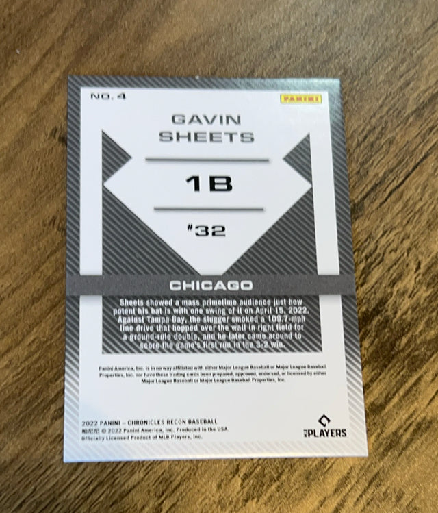 Gavin Sheets 2022 Panini Chronicles - Recon 4 trading card image rear