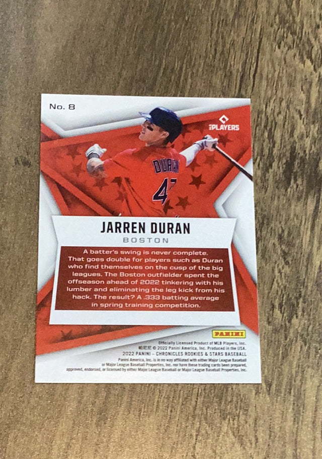 Jarren Duran 2022 Panini Chronicles - Rookies & Stars 8 trading card image rear