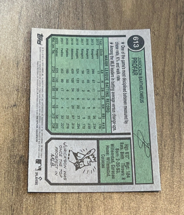 Jurickson Profar 2023 Topps Heritage - Chrome Purple Refractor 613 trading card image rear